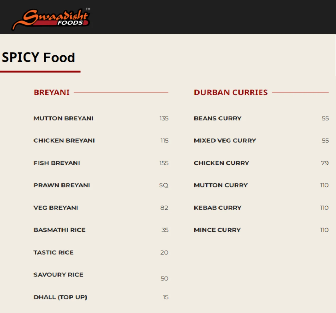 Swaadisht Menu With Prices in South Africa 2023