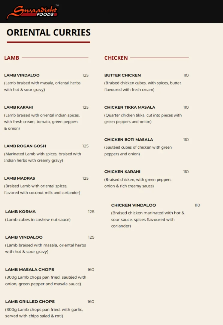 Swaadisht Menu With Prices in South Africa 2023