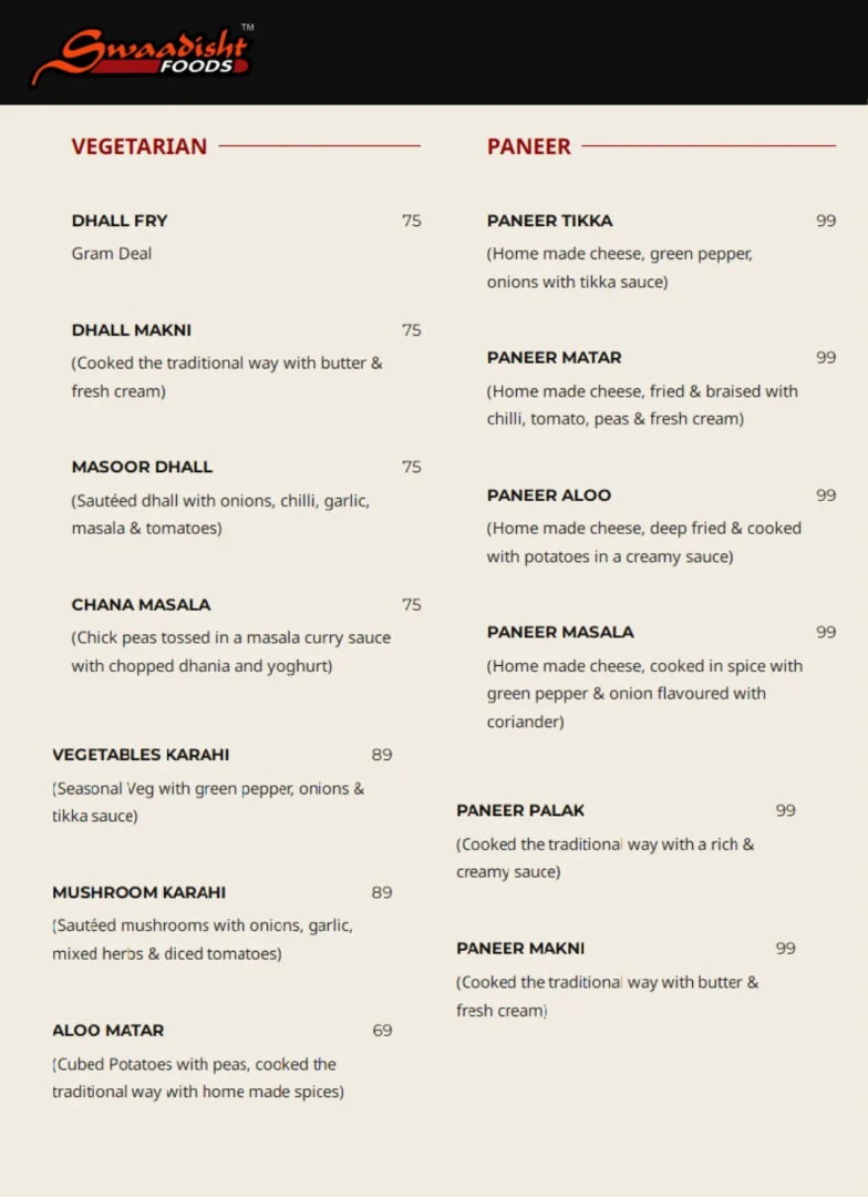 Swaadisht Menu With Prices in South Africa 2023