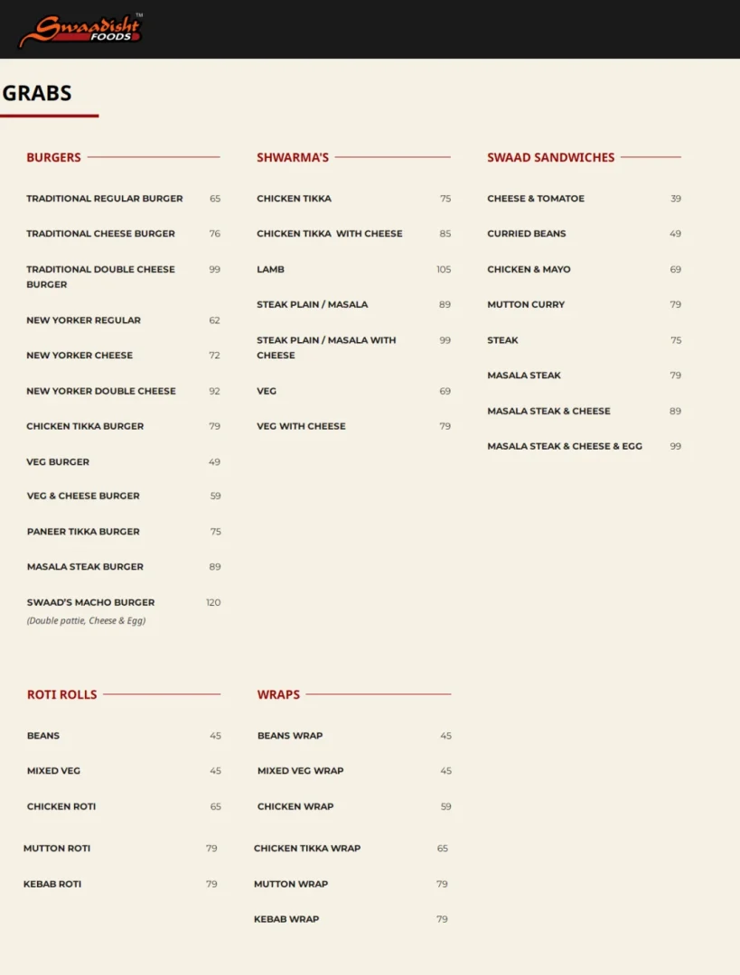 Swaadisht Menu With Prices in South Africa 2023